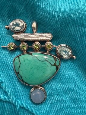 Turquoise, Aquamarine, Moonstone, Pearl, and Peridot Pin